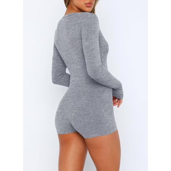 Women's Light Grey One Piece Button Jumpsuit V Neck Romper Long Sleeve Bodysuit - Picture 3 of 4